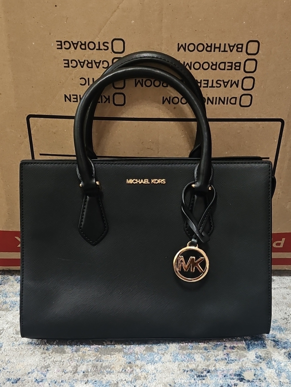 Michael Kors Black Saffiano Satchel with Gold MK Charm
